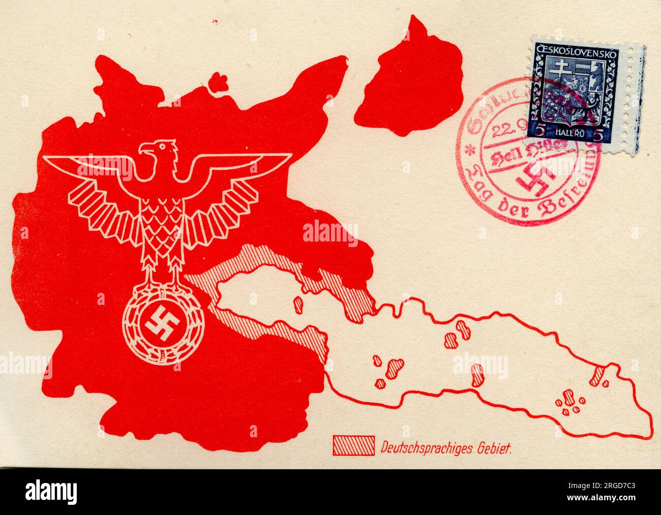 Carta commemorativa e timbro postale dell'occupazione della Cecoslovacchia da parte della Germania nazista Foto Stock