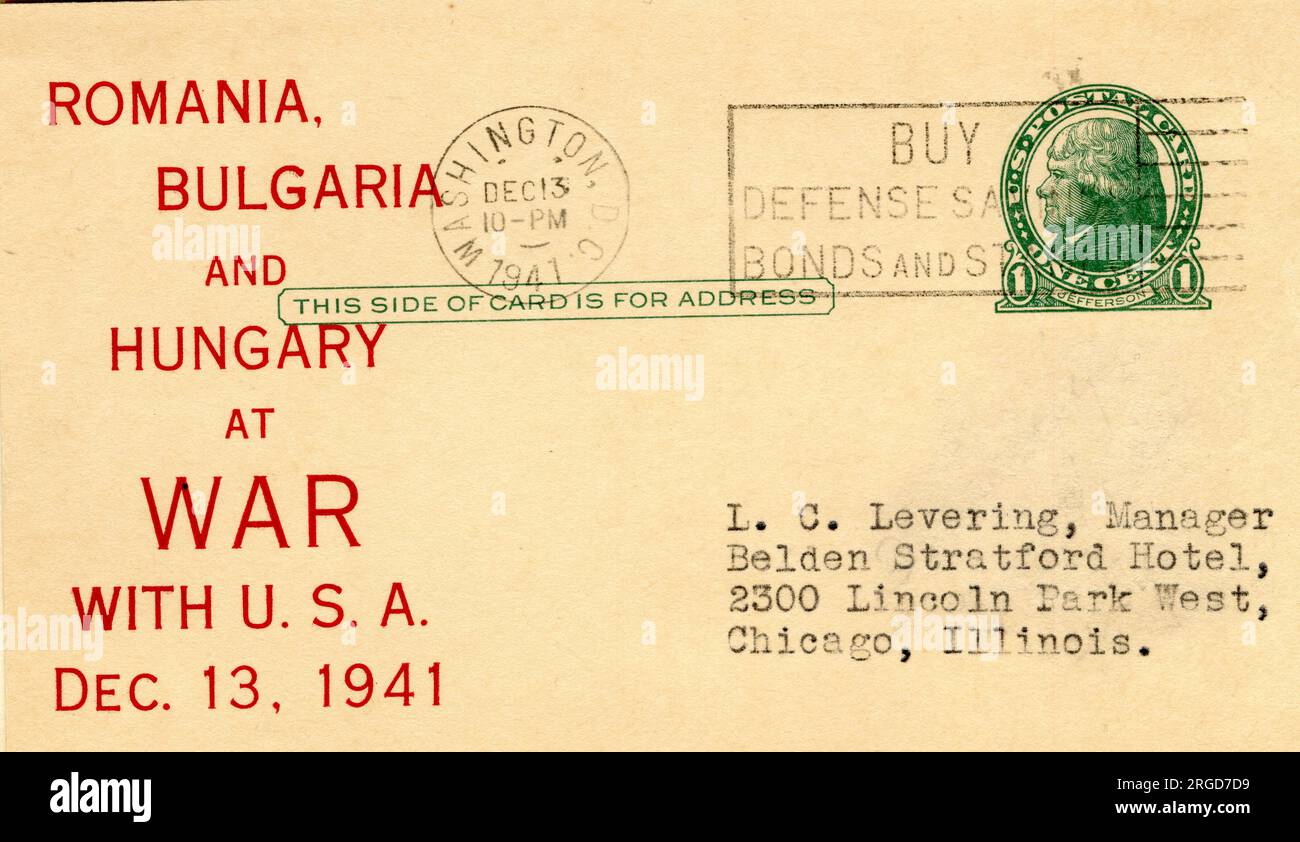 Romania, Bulgaria e Ungheria in guerra con gli Stati Uniti, con timbro postale Washington, 13 dicembre 1941 - busta di copertura postale americana della seconda guerra mondiale Foto Stock