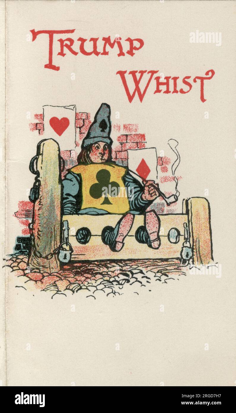Trump whist giocando carte scorecard, servitore medievale nelle azioni Foto Stock