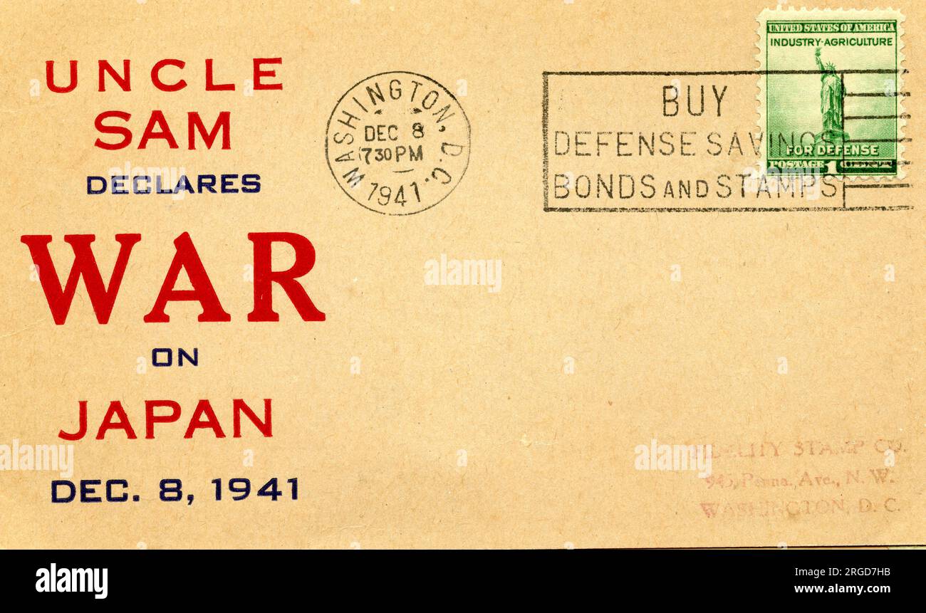 Uncle Sam Delares War on Japan, 8 dicembre 1941 - busta di copertura postale americana della seconda guerra mondiale Foto Stock
