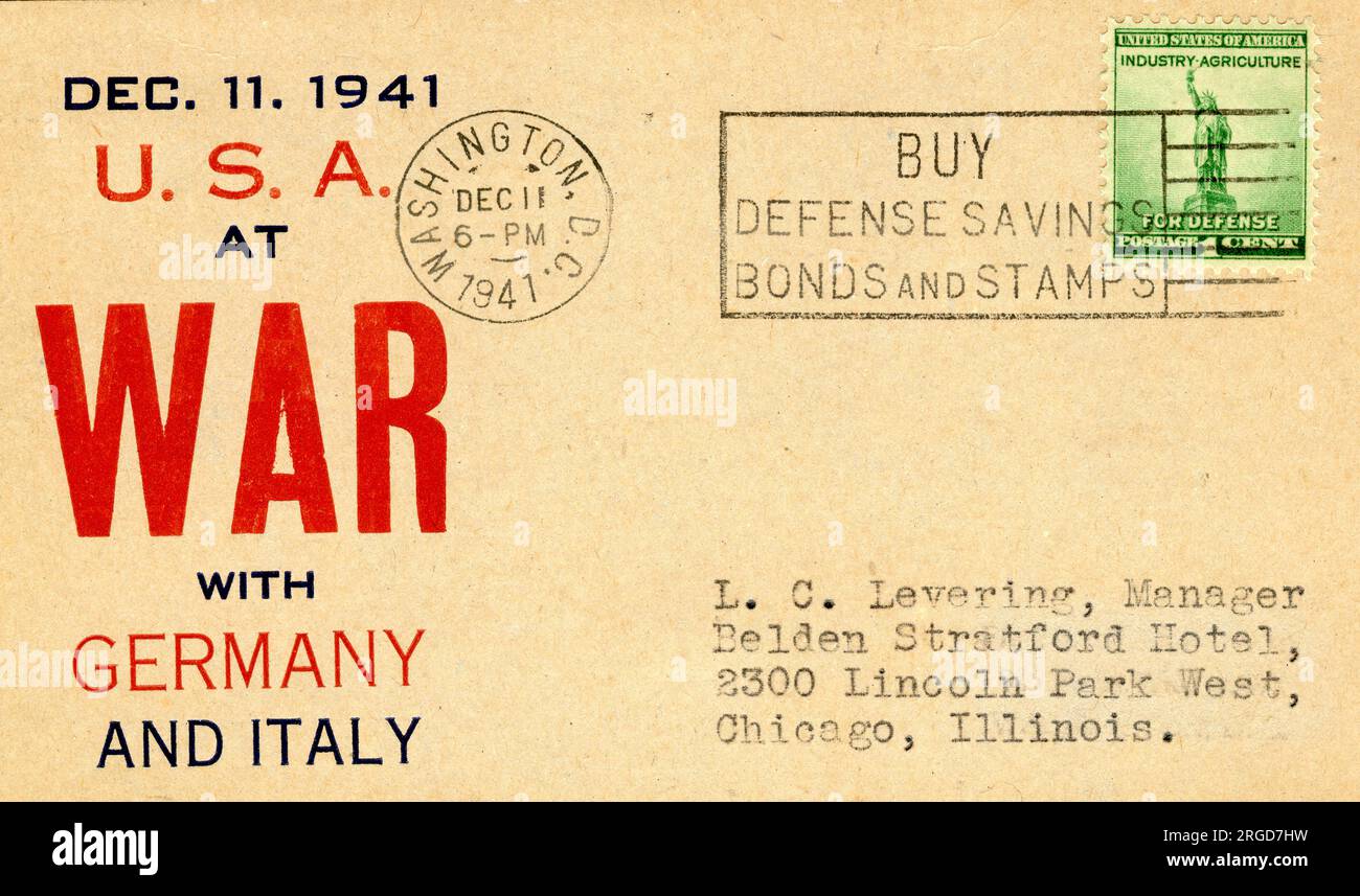 USA in guerra con Germania e Italia, 11 dicembre 1941 - busta di copertura postale americana della seconda guerra mondiale Foto Stock