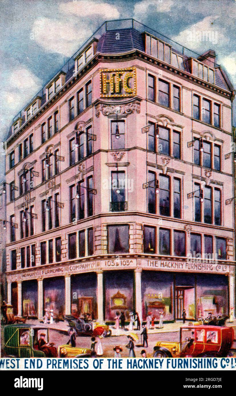 Hackney Furnishing Co. Ltd - Sede del West End - angolo tra Oxford Street e Great Chapel Street. Pionieri dell'arredamento a prezzi ridotti. Edificio progettato da Philip e Pilditch. Foto Stock