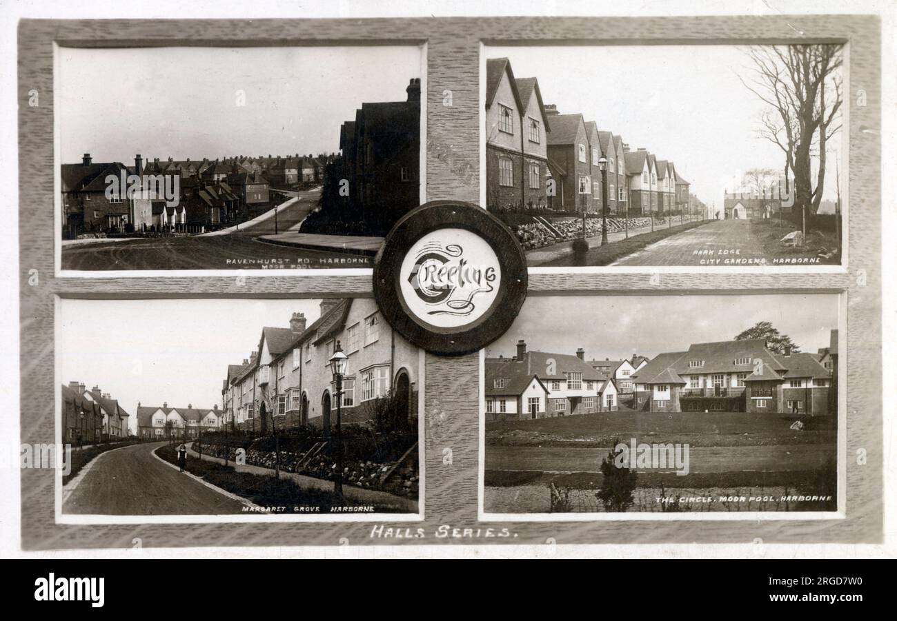 Cartolina multi-vista di Harborne Moorpool Estate (Ravenhurst Road, Maragret Grove, Park Edge e The Circle) - Birmingham sud-ovest Foto Stock