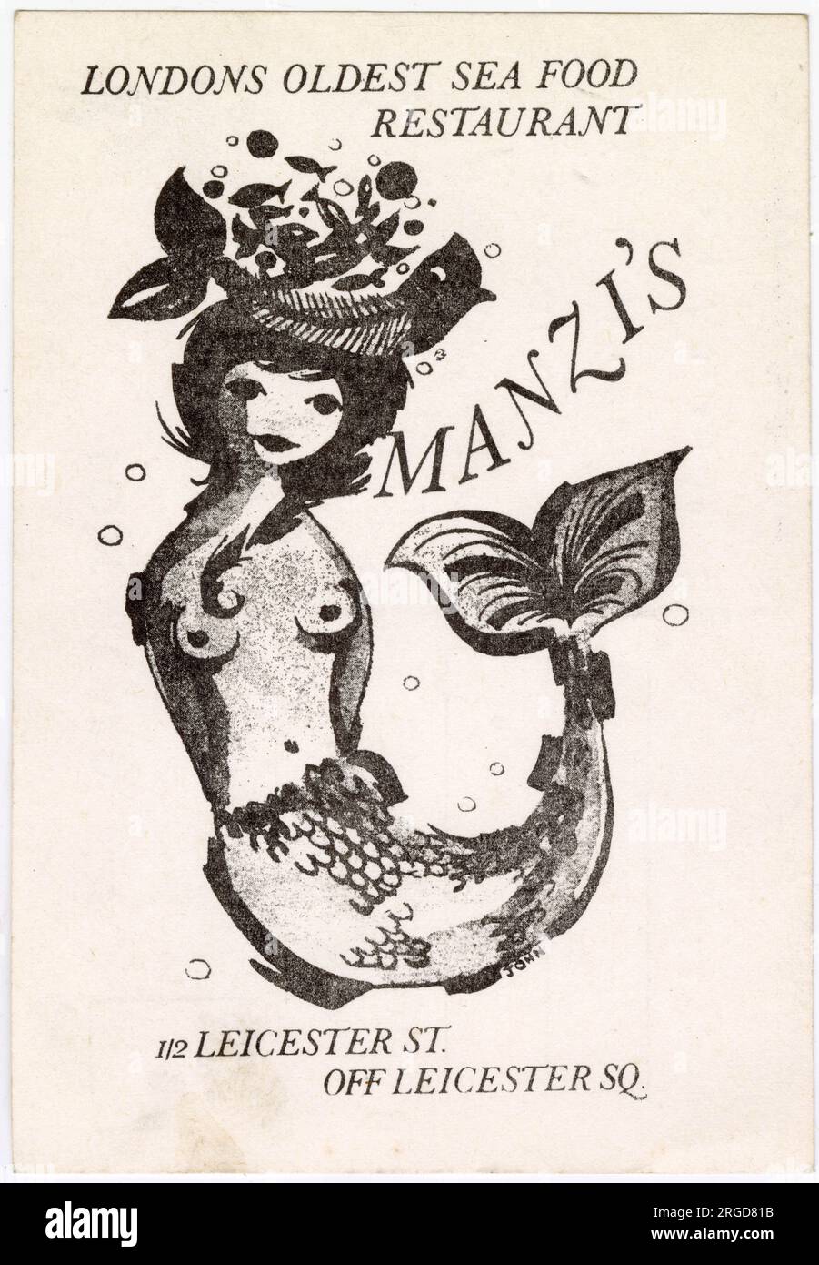 Cartolina promozionale per il ristorante di pesce Manzi's a Leicester Square, che andava dagli anni '1950 agli anni '2000 Una reincarnazione di Manzi è stata ora aperta dal gruppo Wolseley nel luglio 2023. Foto Stock