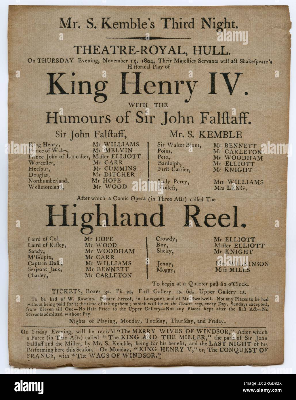 Stephen Kemble interpreta Falstaff in King Henry IV di Shakespeare - Playbill, Theatre Royal, Hull, 15 novembre 1804 Foto Stock