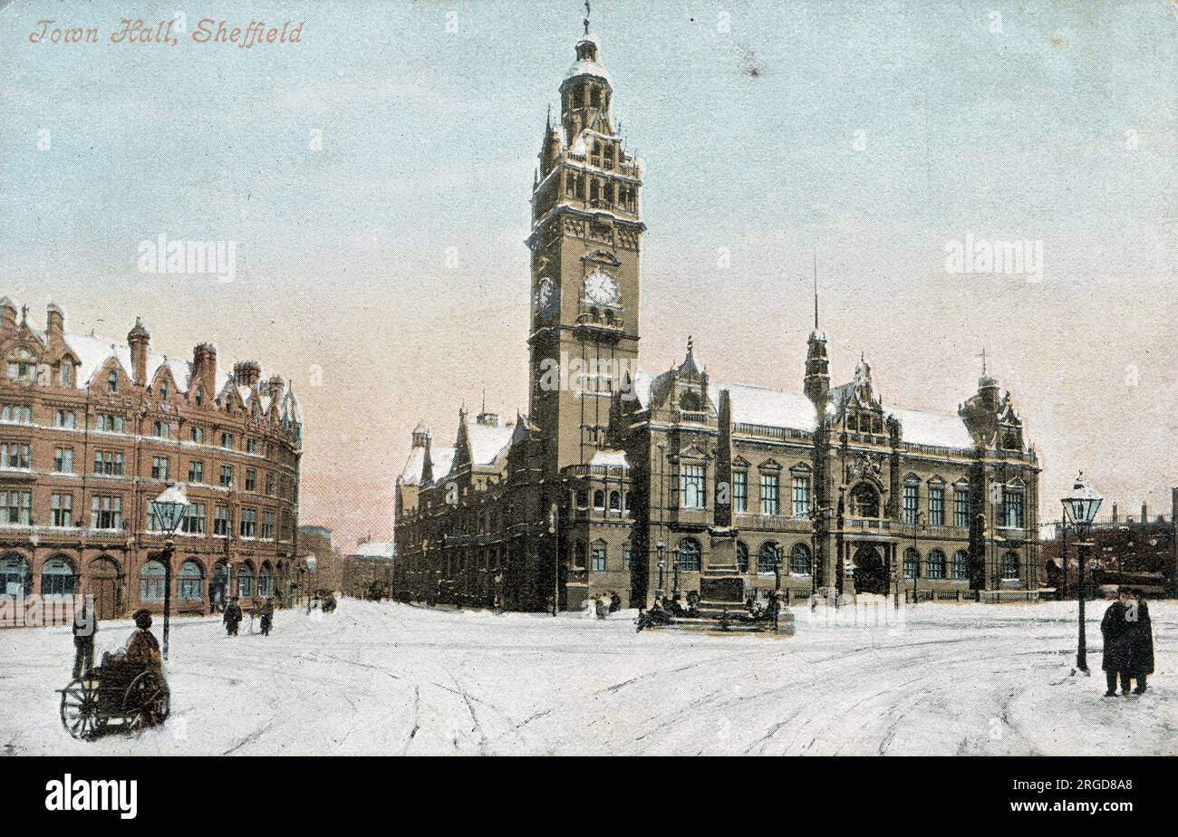 Town Hall, Sheffield, South Yorkshire, nella neve Foto Stock