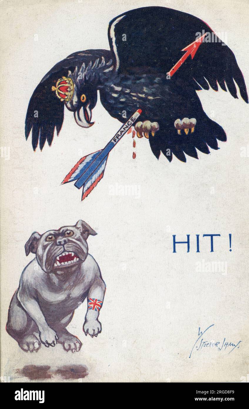 Hit' WWI cartone animato di Stocker Shaw del British Bulldog che guarda una freccia francese uccidere l'aquila tedesca - cartolina di un editore sconosciuto 1915 Foto Stock