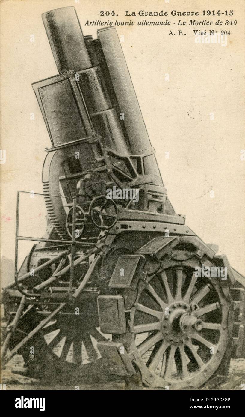 La grande Guerra 1914-15, artiglieria pesante tedesca il mortaio del 340 - cartolina della prima guerra mondiale pubblicata da A. Richard, Parigi 1915 Foto Stock