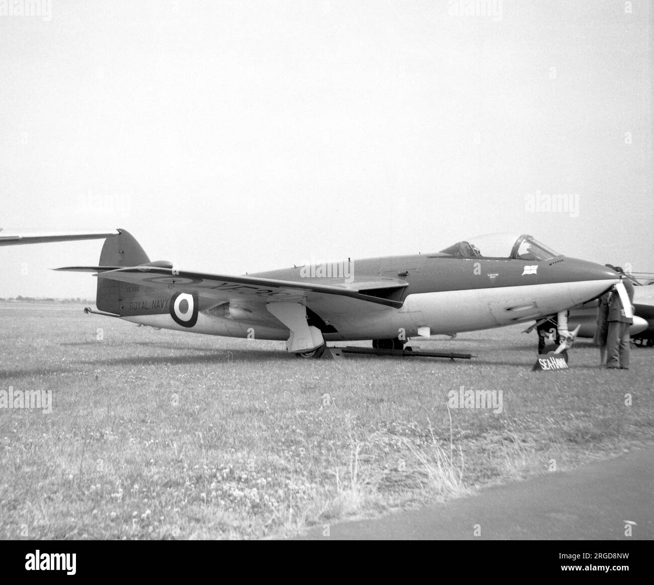 Royal Navy - Armstrong Whitworth Sea Hawk FGA.6 XE390 (msn AW6334), con superfici superiori Olive Green con lati inferiori bianchi come Admiral's Barge of F.O.F.T. (Flag Officer Flying Training). Visto al RNAS Lee-on-Solent, il 15 giugno 1960. Foto Stock