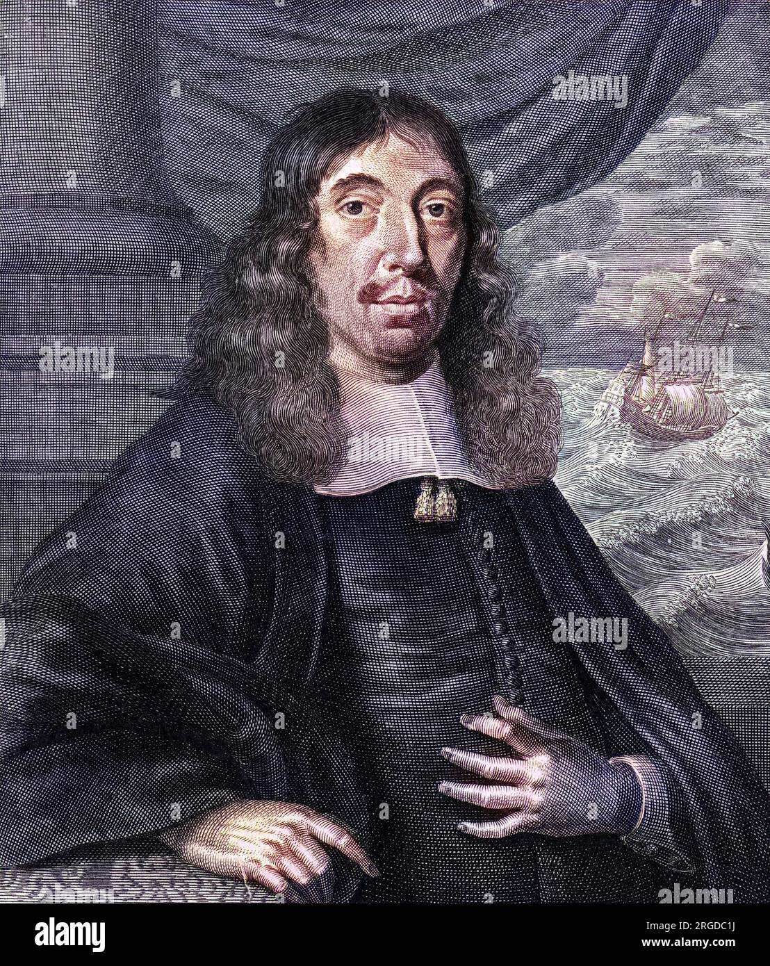 WALTER SCHULTZEN, mercante olandese di Harlem, e la sua nave che si getta tra le onde dietro di lui... Foto Stock