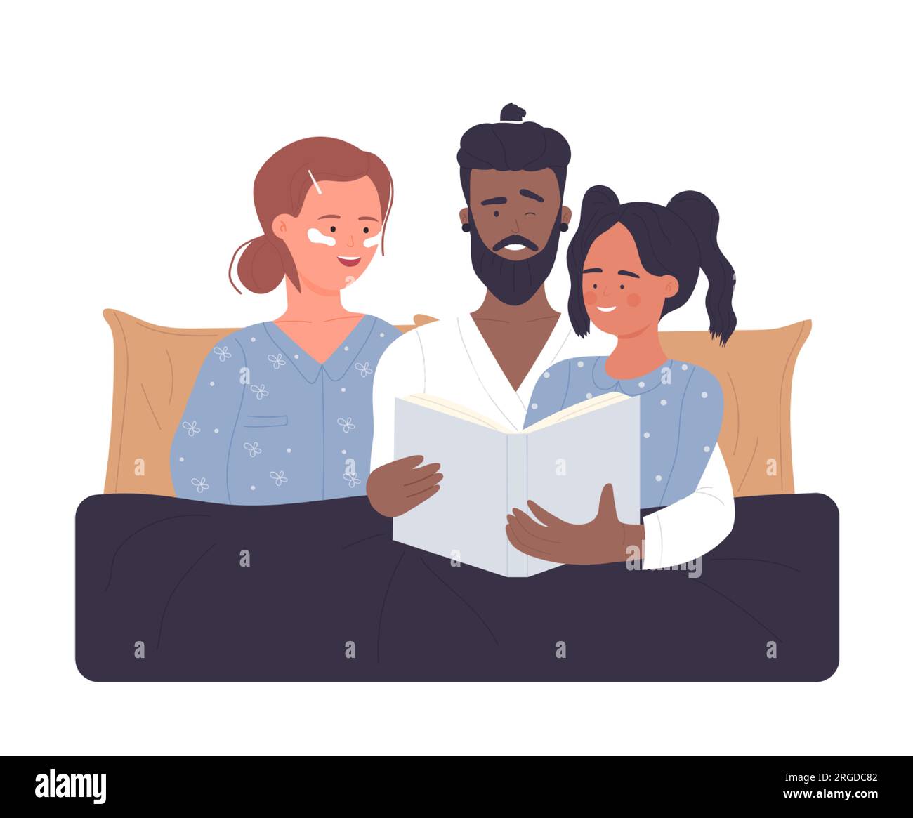 Felice giovane famiglia che legge storie. Andare a letto con i genitori, illustrazione vettoriale del momento dell'infanzia Illustrazione Vettoriale