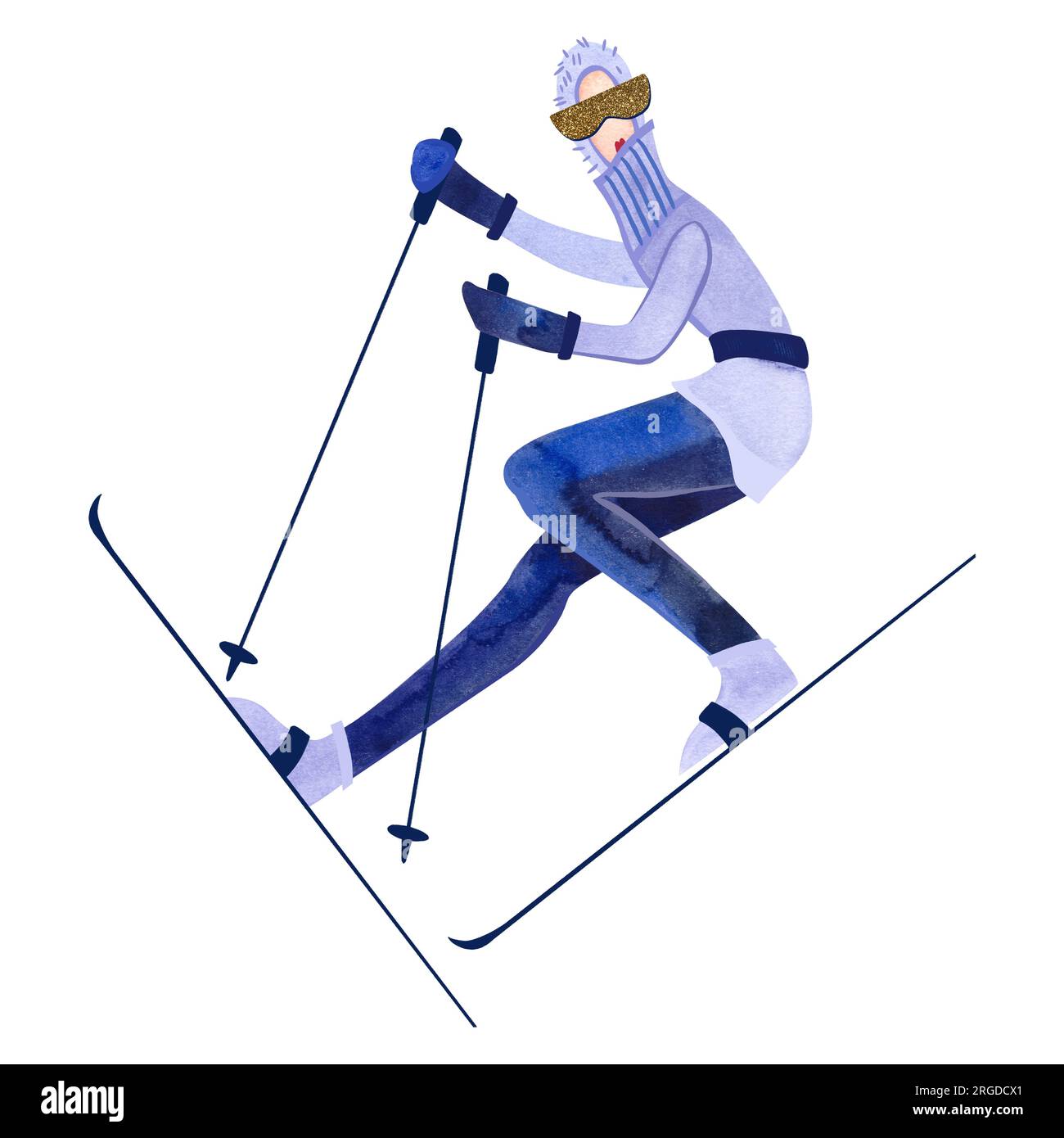 Sciatore acquerello in maglione blu. Illustrazione invernale isolata. Sport. Clipart. Illustrazione raster per il residence e. Foto Stock