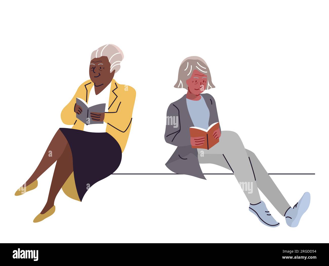 Le donne in pensione leggono. Tempo di pensionamento per il tempo libero, gli amanti del libro per anziani illustrazioni vettoriali Illustrazione Vettoriale