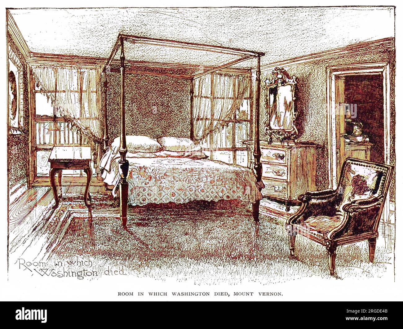 La camera da letto a Mount Vernon dove Washington morì. Foto Stock