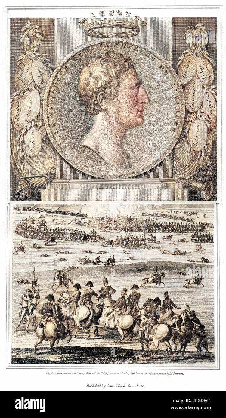 WELLINGTON come eroe militare - le etichette portano i nomi di alcune delle sue vittorie nella penisola, e si vede dirigere una battaglia : questo è prima di Waterloo. Foto Stock
