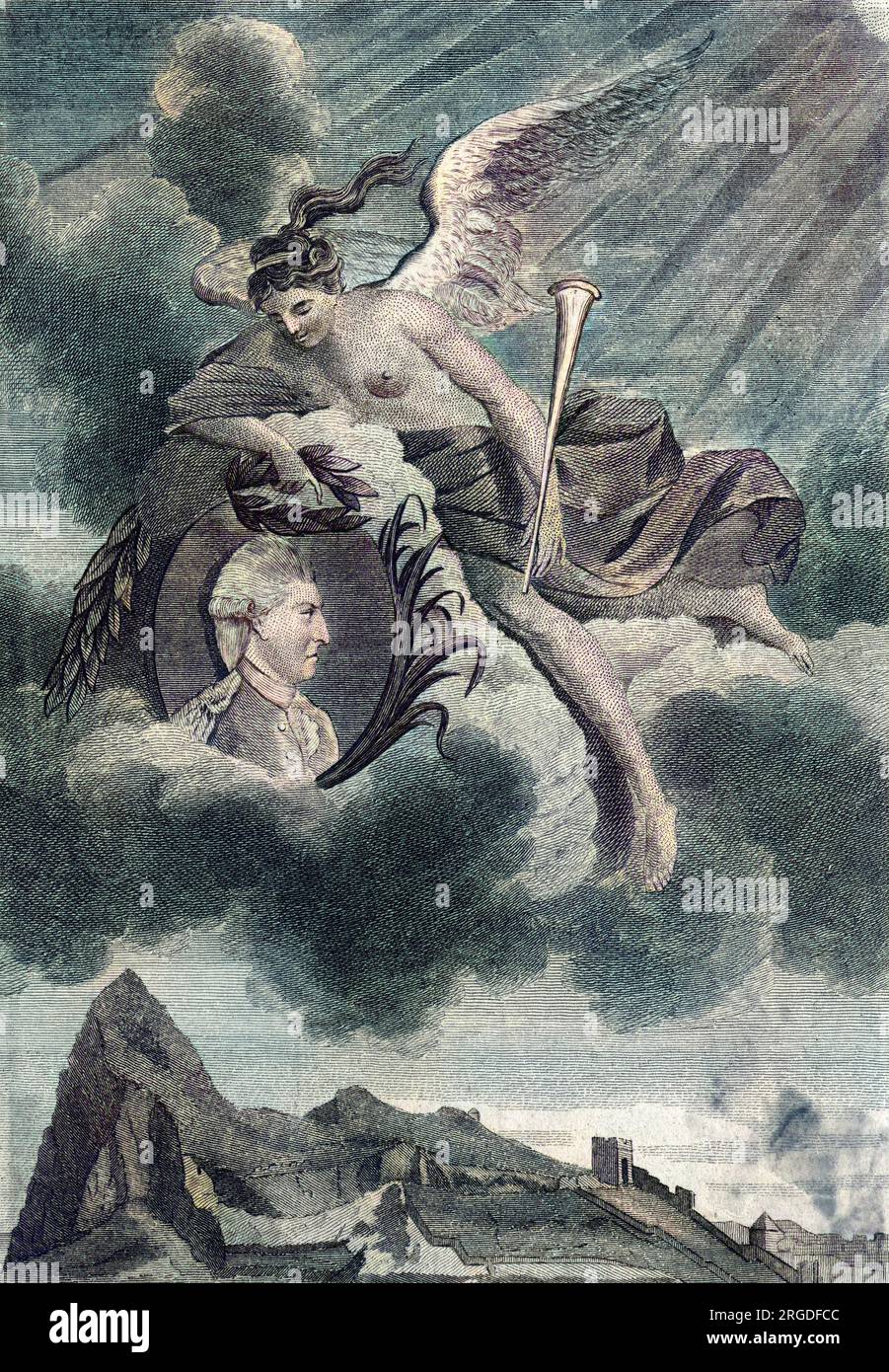 Un'allegoria del grande assedio di Gibilterra: "Fama che incorona il generale St George Augustus Eliott con la corona dell'immortalità". Foto Stock