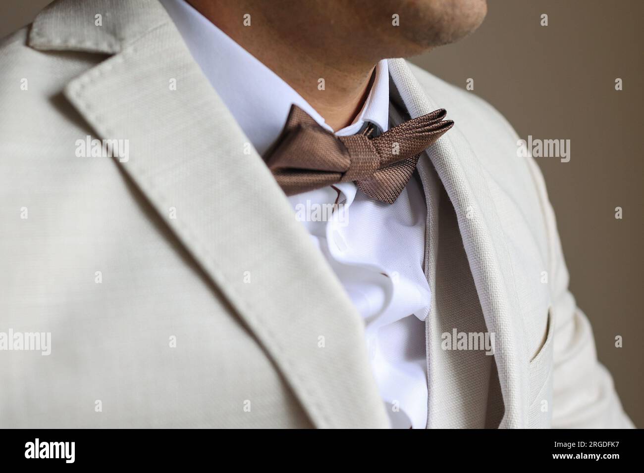 sposo che si mette la cravatta ad arco il giorno del suo matrimonio Foto Stock