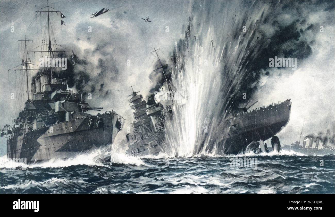 Bismarck, nave da battaglia tedesca attaccata dagli incrociatori britannici HMS Dorsetshire e HMS Norfolk, portando al suo affondamento Foto Stock
