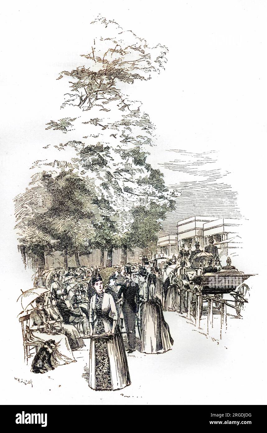 Una società intelligente che passeggia e persone in carrozza a Hyde Park durante il culmine della stagione londinese nel 1903. Foto Stock