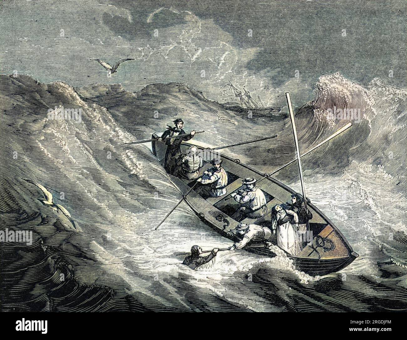 Una scialuppa di salvataggio degli anni '1830, che incontra una tempesta. Foto Stock