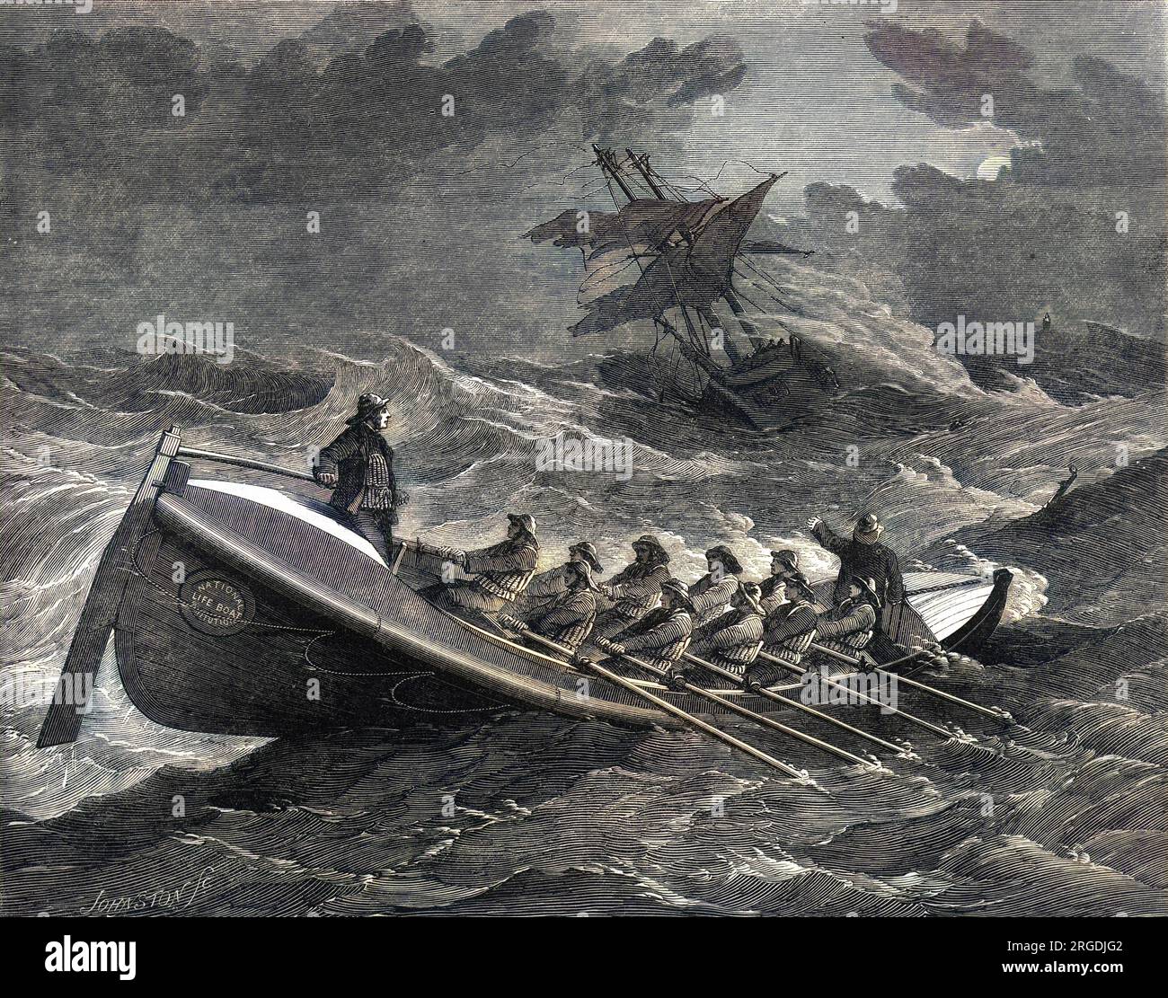 Il battello salvavita Tenby che procede al salvataggio dell'equipaggio della nave spagnola Nuevo Torcuvato, 1857. La barca di salvataggio porta il marchio del National Life Boat Institution. Foto Stock