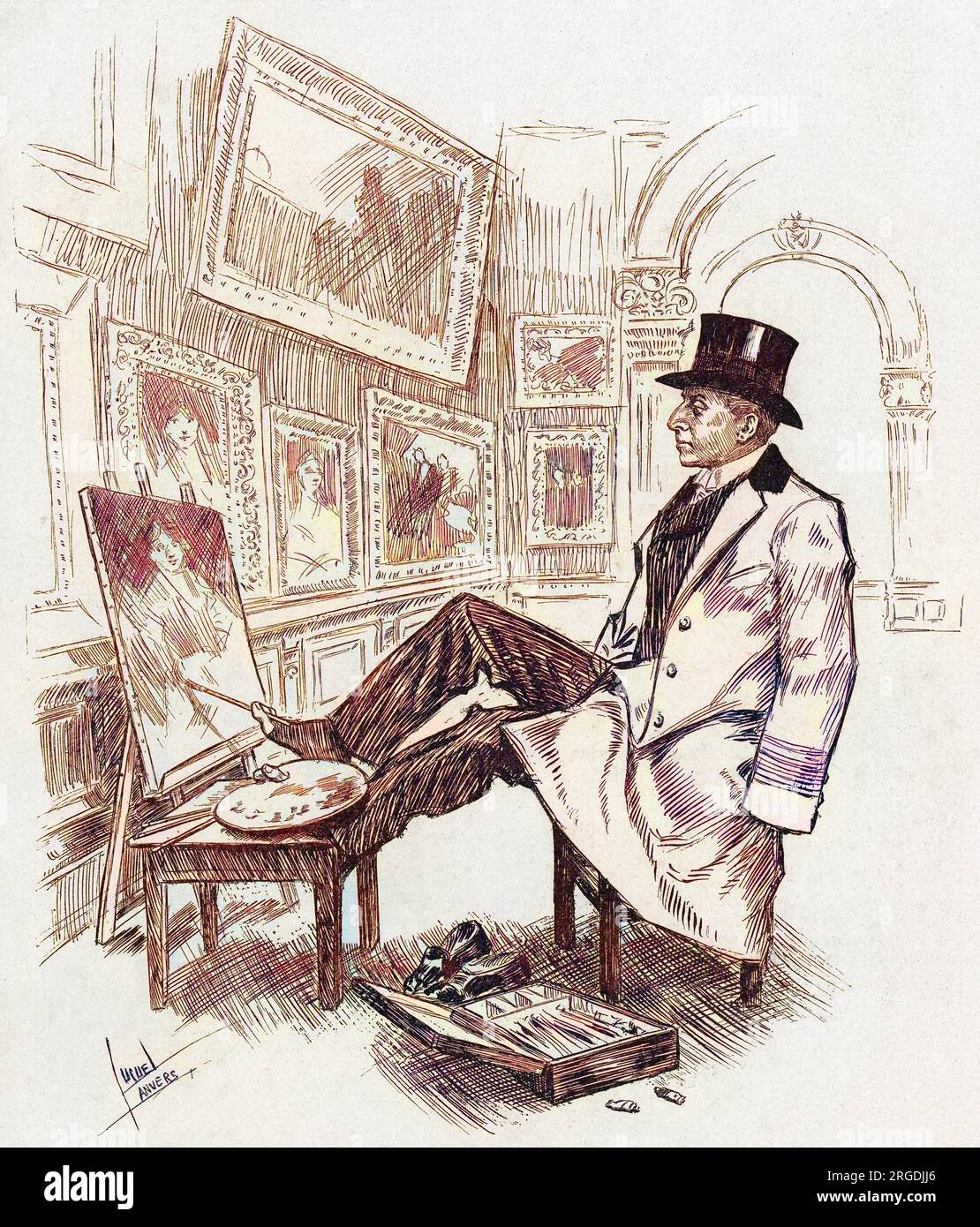 Pittore belga Charles Francois Felu (1830-1900), nato senza armi. In tenera età sua madre gli insegnò a disegnare e dipingere con i piedi. Qui raffigurato nella Galleria di Anversa. Foto Stock