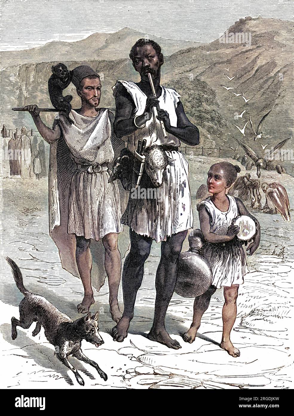 Musica del Nord Africa: Alpinisti berberi a una festa di matrimonio. Un gruppo curioso, tra cui un suonatore di pipe, che sembra avere teste di pecore attaccate alla cintura, e un bambino batterista. Un uomo con un bastone e una scimmia sulle spalle lo segue. Sullo sfondo, gli avvoltoi divorano le loro prede. Foto Stock