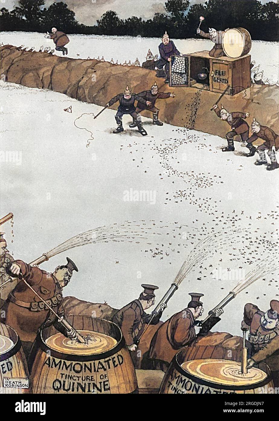 Qui, in questa vignetta di Heath Robinson, abbiamo gli inglesi che contrastano le armi biologiche tedesche, un esercito di germi influenzali. Foto Stock
