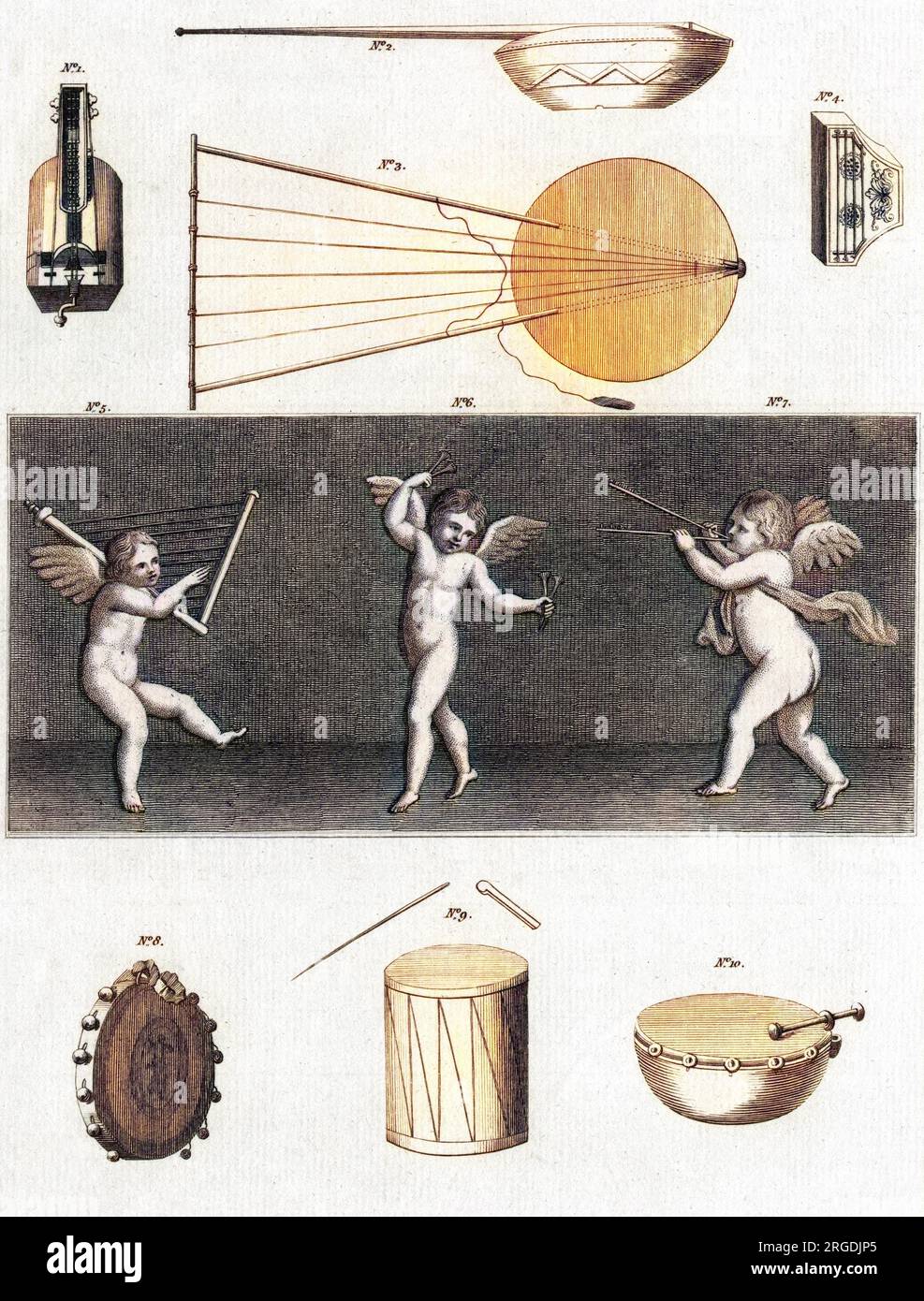 Una selezione di antichi strumenti musicali. 1 - Una sinfonia, o violino. 2 e 3- strumenti egiziani del XVIII secolo. 4 - Sackbut. 5, 6 e 7 - musicisti cherubici di Ercolano. 8 - un toph (tamburo). 9 - un tamburo. 10 - un kettledrum. Foto Stock