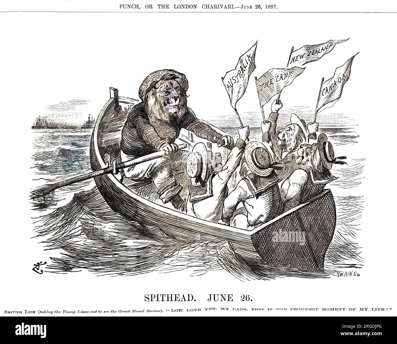 Cartoon, Spithead, giugno 26 -- a Naval Review in onore del Giubileo di Diamante della Regina Vittoria. Un leone britannico filtra giovani leoni delle colonie - Australia, nuova Zelanda, Capo e Canada - fuori per vedere la rivista, dicendo... 'Lor' Love yer, ragazzi miei, questo è il momento più orgoglioso della mia vita!'. Foto Stock