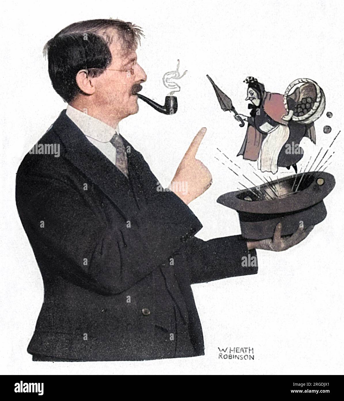 Fotografia di William Heath Robinson (1872-1944), da un pezzo in The Bystander del 1924 che includeva anche alcuni dei suoi contemporanei illustrativi, come H. M. Bateman e A. K. Macdonald. Ogni artista aveva disegnato un personaggio suggestivo del loro stile e Heath Robinson è visto qui con una gioviale vecchia signora completa di cesto di mele e ombrello che salta dal suo cappello. Robinson fu un collaboratore regolare di The Sketch, The Bystander e altri titoli della ILN per tutta la sua vita. I suoi ingegnosi aggeggi erano immensamente popolari e lo resero un nome familiare. Foto Stock