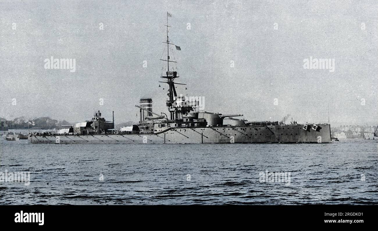 HMS Orion, varata nell'agosto 1910 e entrata in servizio nel gennaio 1912, la prima dreadnought britannica a montare cannoni di calibro superiore a 12 pollici. L'Orione prese parte alla battaglia dello Jutland del 1916 e sopravvisse alla grande Guerra, venendo infine demolito nel 1923. Foto Stock
