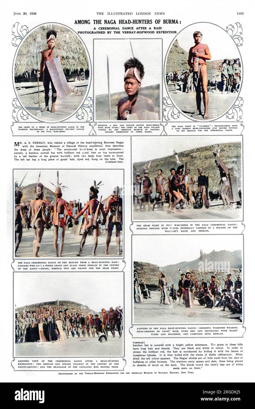 Il signor A. S. Vernay ha visitato un villaggio delle Nagas birmane cacciatrici di teste con la spedizione dell'American Museum of Natural History, scattando le fotografie che appaiono su questa pagina che includono, in senso orario dall'alto a sinistra: Il capo di una tribù di Nagas cacciatori di teste in abiti da guerra; Primo piano del capo che indossa un abito da battaglia rosso e giallo con zanne di cinghiale; il capo in "vestiario"; la finta lotta in abiti da guerra completi nella danza cerimoniale Naga; ballerini nella danza Naga per la caccia alla testa; un'altra visione della danza cerimoniale dopo una spedizione per la caccia alla testa; E la danza cerimoniale Naga con i ballerini Foto Stock