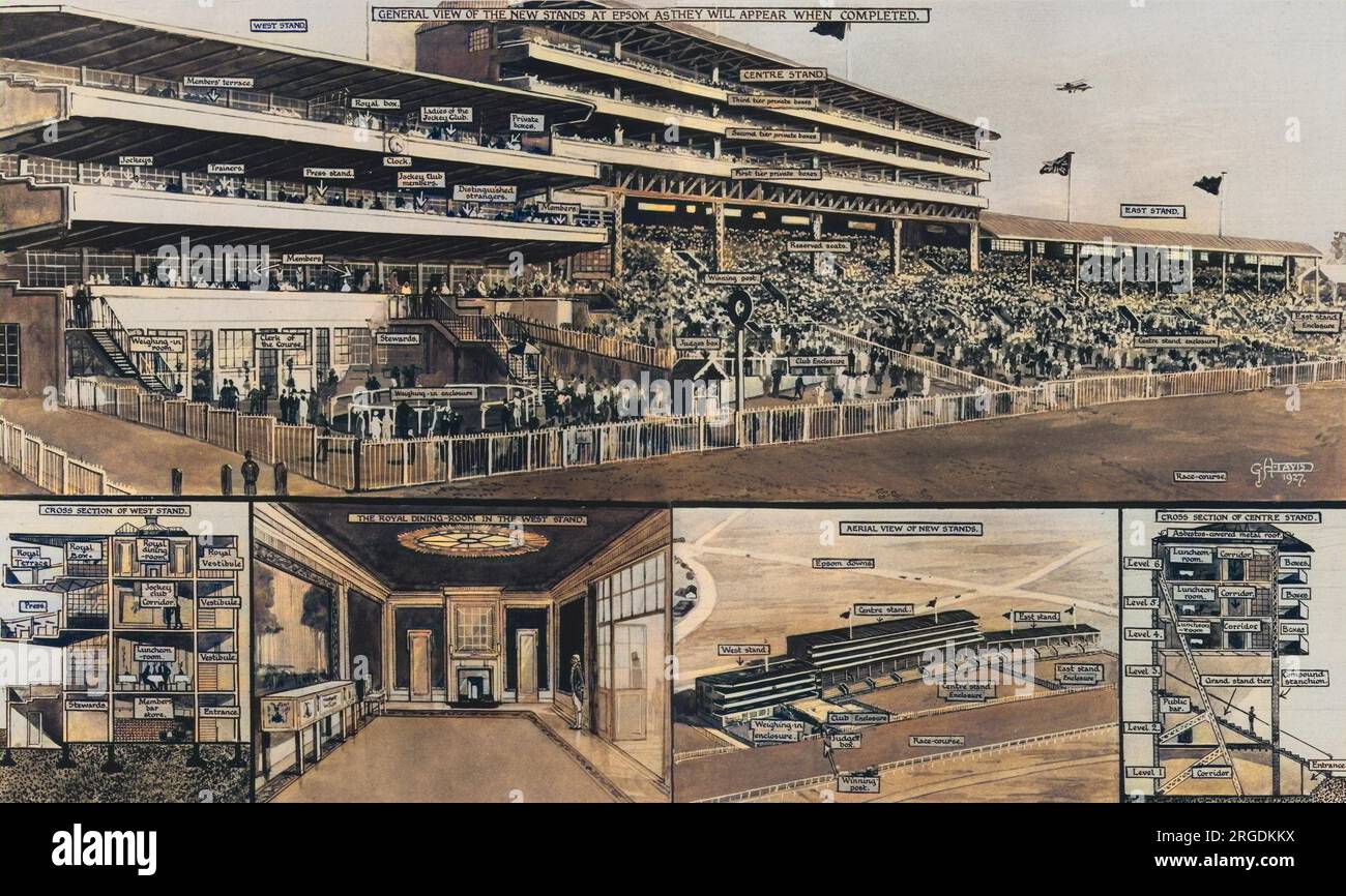 Un diagramma del nuovo grande stand all'ippodromo di Epsom nel Surrey, creato in tempo per il Derby del 1927. Comprende sezioni trasversali delle tribune centrale e occidentale, una vista aerea e un'illustrazione della sala da pranzo reale, e una mappa delle disposizioni dei posti a sedere per gli stand. Foto Stock