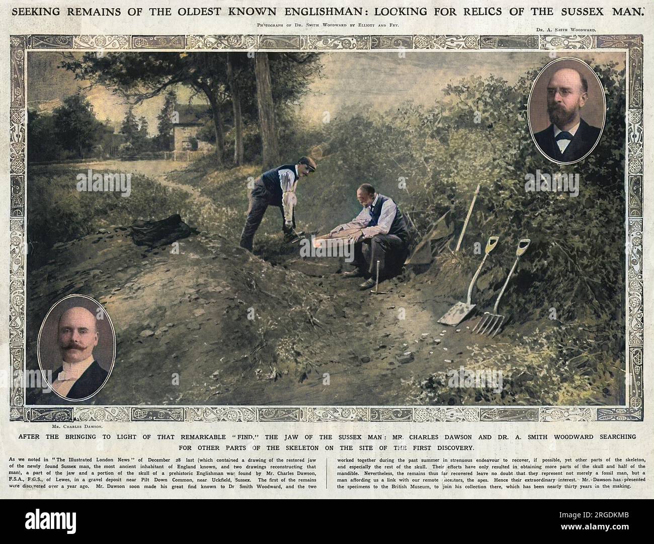 Alla ricerca dei resti del più antico inglese conosciuto: Alla ricerca di reliquie dell'uomo Piltdown. Charles Dawson e A. Smith-Woodward alla ricerca di altre parti dello scheletro sul sito della prima scoperta a Piltdown, nell'East Sussex. Nel 1953, il ritrovamento si dimostrò una bufala, una combinazione del cranio di un uomo medievale, la mascella di un orangotano e i denti scimpanzé. Foto Stock