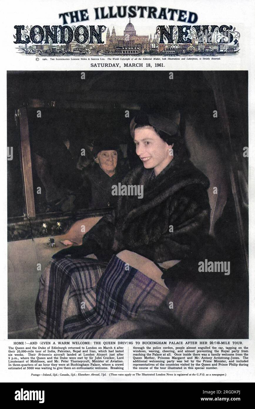 La Regina viaggia a Buckingham Palace dopo il suo tour di 20.000 km in India, Pakistan, Nepal e Iran. Foto Stock