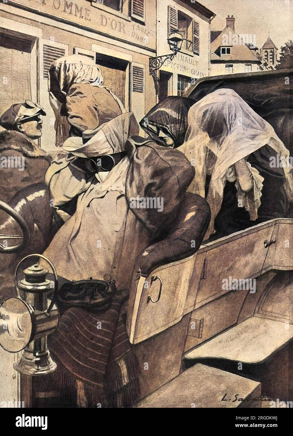 L'evoluzione del viaggio su strada: L'automobilista silenziato del 1905. Un gruppo di 1905 persone che arriva a destinazione indossando occhiali, veli e avvolgimenti voluminosi. Vedere la figura 10638720 per il contrasto con questo stile di viaggio nel 1921. Foto Stock