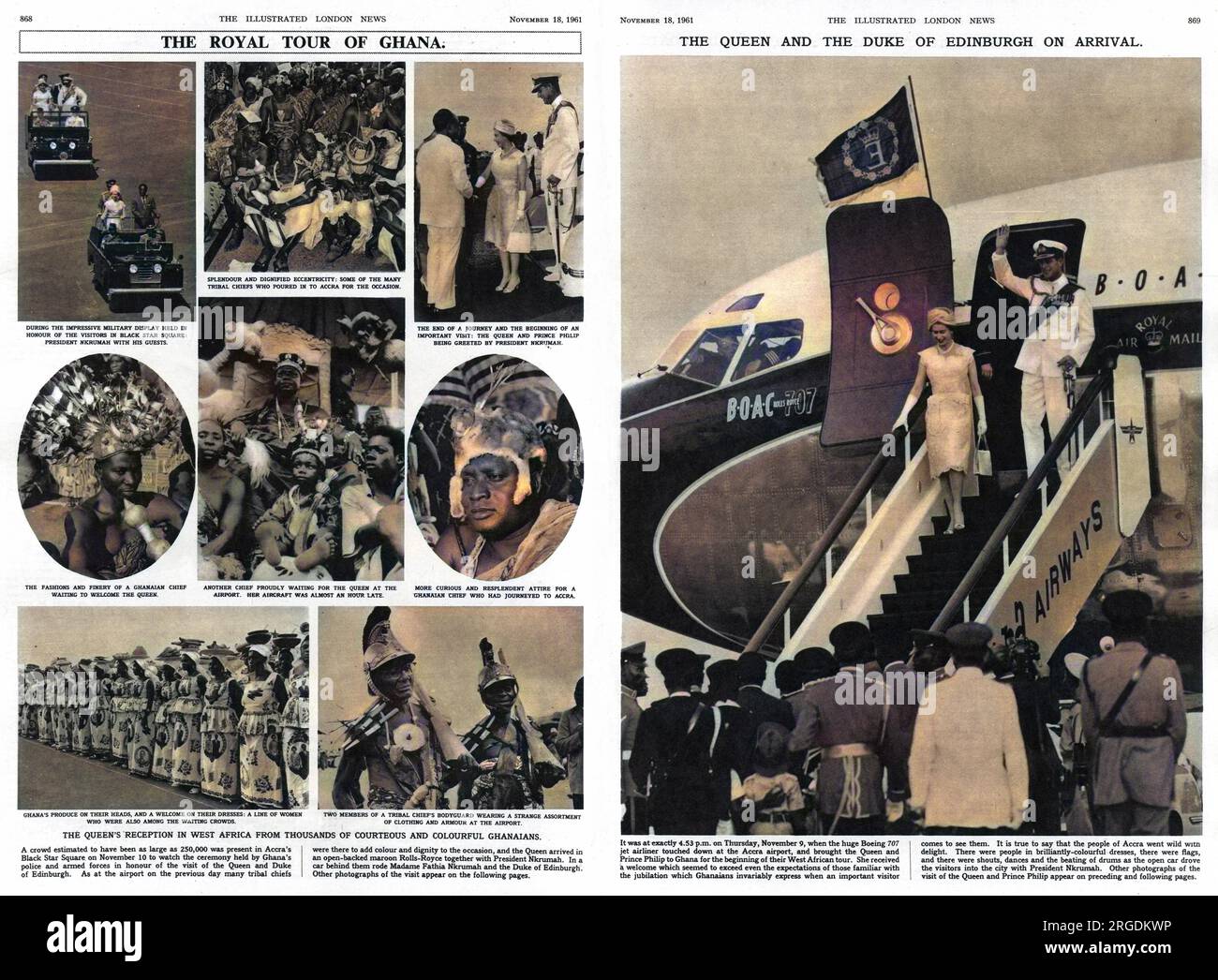 La Regina e il Duca di Edimburgo in un tour del Ghana, mostrando il loro arrivo e il loro benvenuto all'aeroporto di Accra, e varie scene del tour stesso. Tra cui la regina e il principe Filippo che vengono accolti dal presidente Nkrumah e dai capi tribali in attesa di incontrare la regina all'aeroporto. Foto Stock