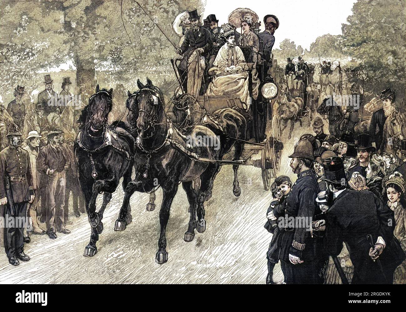 Il Four-in-Hand Club che, insieme al Coaching Club, era solito riunirsi a Hyde Park in pittoresche carrozze postali dell'epoca degli anni '1840, e viaggiare dal parco verso Ranelagh nel sud-ovest di Londra. Gli incontri sono stati uno degli spettacoli della stagione londinese, come evidenziato dalla folla riunita per assistere. Foto Stock