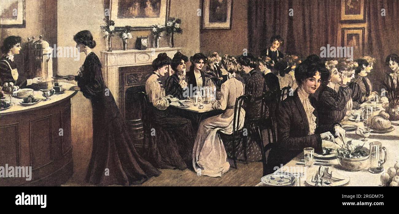Una scena conviviale nella sala da pranzo dell'Hope Club solo per le donne. Situato nel Devonshire Terrace, è adatto alle donne in viaggio d'affari e fornisce uno scrittoio, un salotto e una sistemazione ai suoi membri. Foto Stock