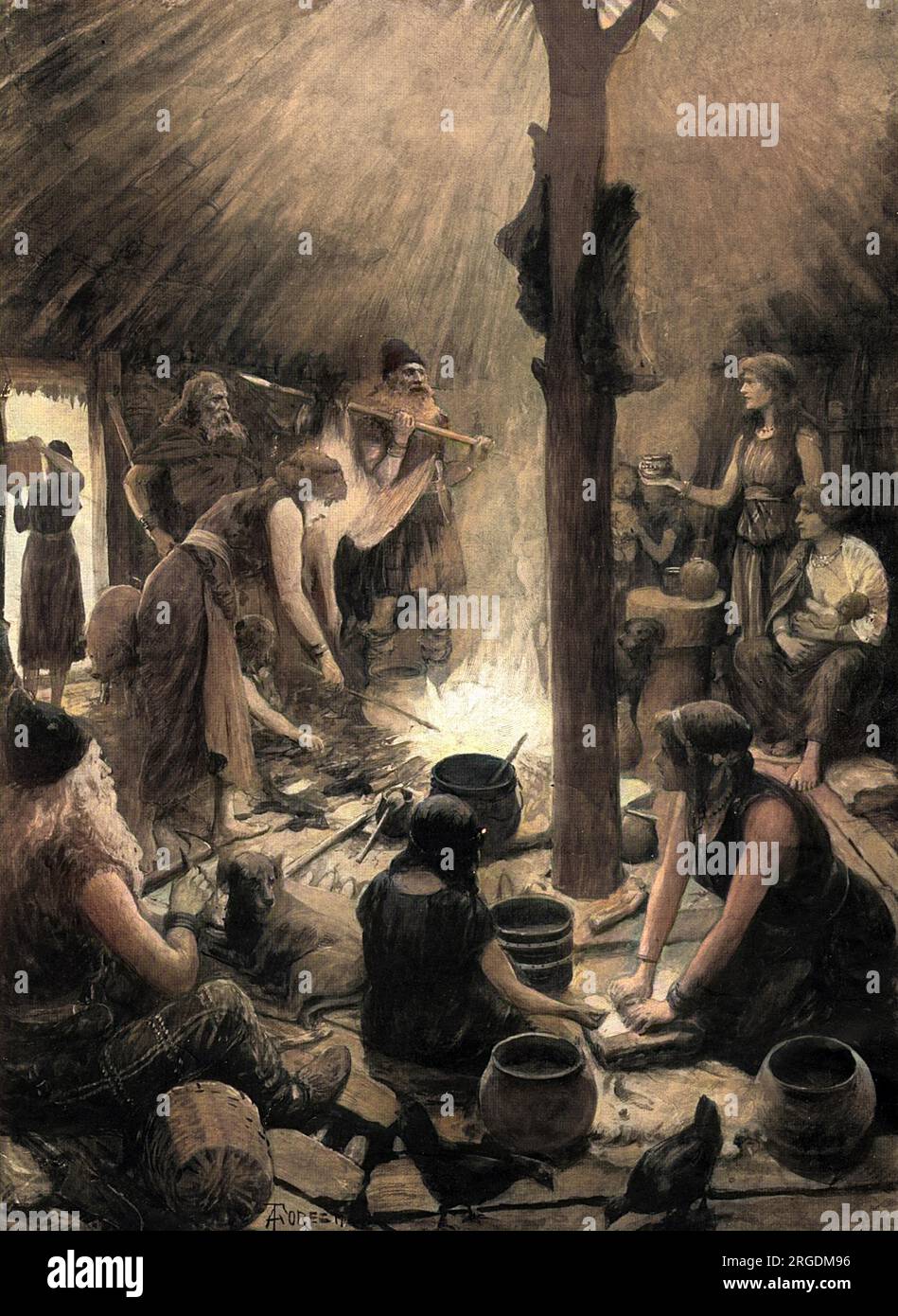 Un'impressione degli artisti dell'interno di un'antica dimora britannica, del tipo che si trova nel villaggio lacustre vicino a Glastonbury, Somerset. Il villaggio è stato costruito su un crannog, un'isola artificiale fatta da legname, argilla e pietra sul letto del lago. L'interno illustrato include un tavolo ruvido con tronco d'albero, un secchio di legno con fasce di bronzo e vasi in terracotta. La carne è appesa al palo centrale, che sostiene il tetto. Foto Stock