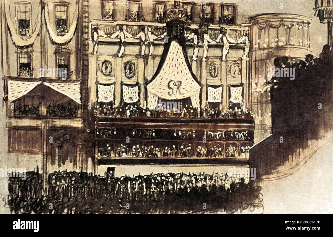 Gentleman's Club, White's, a St. James's Street, adornata con una scena decorativa di ermellino in celebrazione dell'incoronazione di re Giorgio vi il 12 maggio 1937. Foto Stock