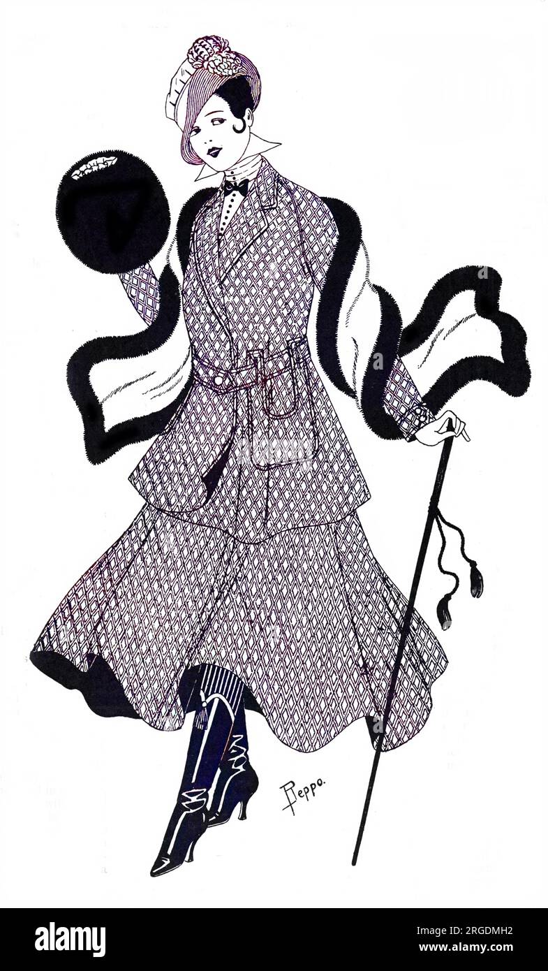 Un abito di Aquascutum tweed con una gonna corta e completa ben disposta sul retro, mentre sul cappotto vengono introdotte le nuove tasche applicate disponibili per sei ghinee e mezzo. Il cappello, rivestito con un coque e un supporto di fagiano è di 25 scellini. Foto Stock