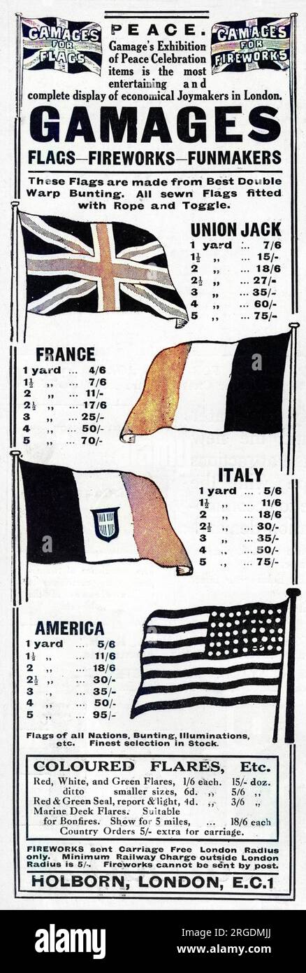 Pubblicità Gamages che mette in evidenza i loro oggetti per la celebrazione della Pace, offrendo bandiere, bordellini e razzi a coloro che celebrano la pace alla fine della prima guerra mondiale. Foto Stock