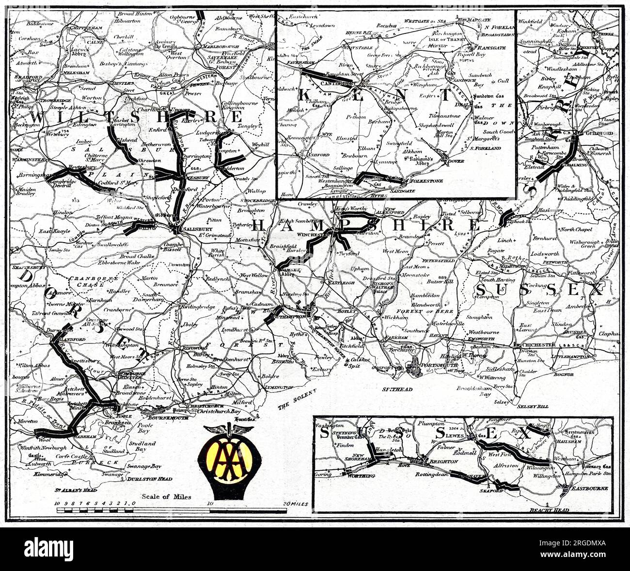 Una mappa delle contee meridionali della Gran Bretagna preparata dalla Automobile Association e dalla Motor Union per indicare i tratti di strada ampiamente danneggiati dal passaggio del traffico militare e che gli automobilisti civili erano invitati ad evitare. Le strade di Wiltshire, Dorset, Hampshire, Sussex e Kent sono tutte mostrate. Foto Stock