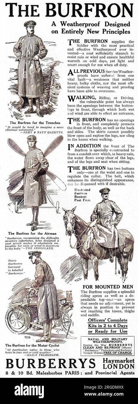 Pubblicità per il cappotto impermeabile Burfron di Burberrys, ideale per le trincee, per avieri, per uomini a cavallo e per il motociclista. Foto Stock