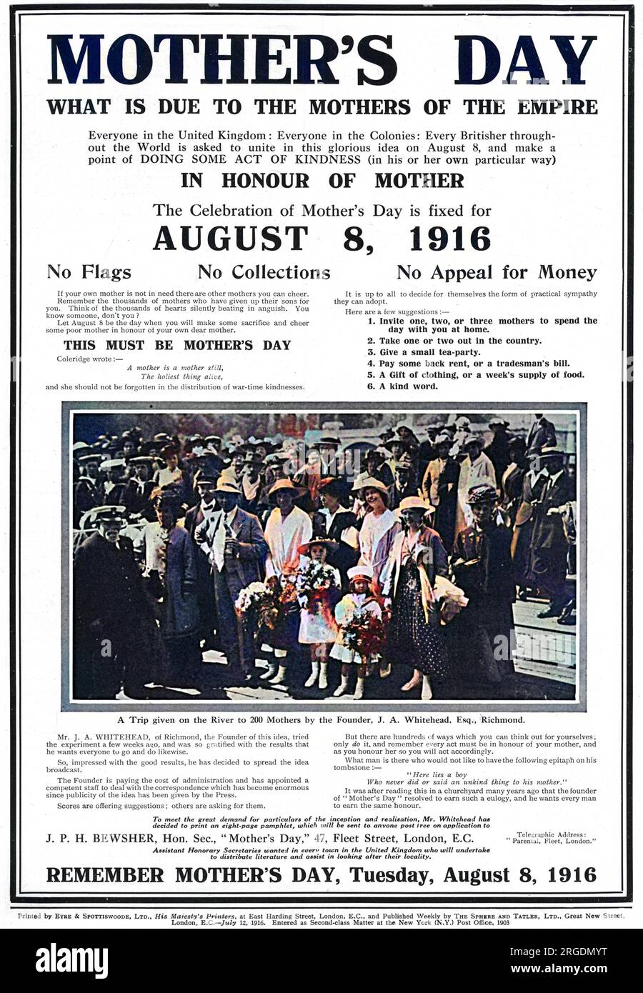 Una pubblicità sul Tatler che promuove la festa della mamma durante la prima guerra mondiale, che fornisce suggerimenti su cose belle da fare per le madri, anche se non è la tua! L'idea è stata concepita dal signor J. A. Whitehead di Richmond e la fotografia mostra un viaggio fatto a 200 madri sul fiume. Foto Stock