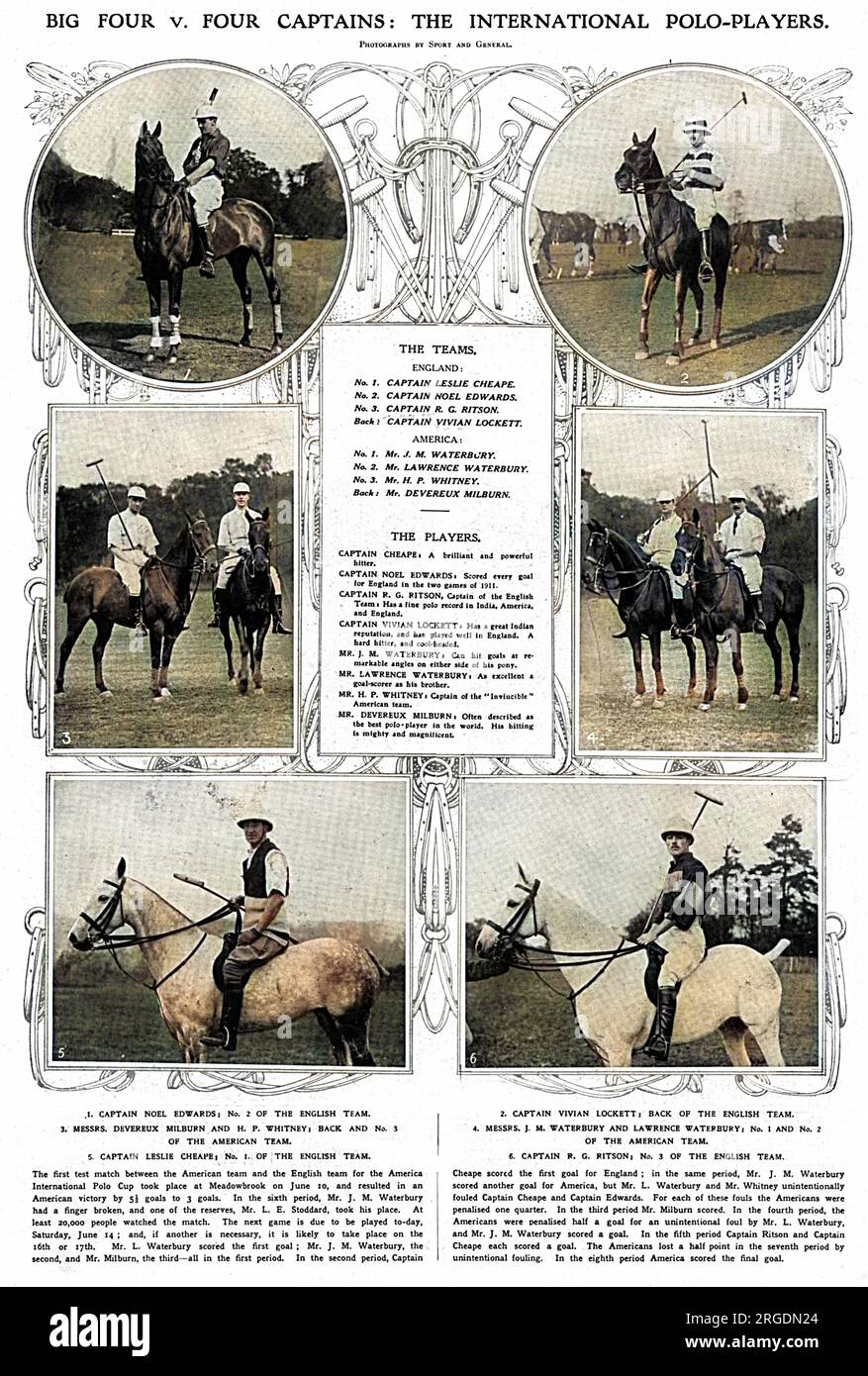 Le squadre di polo britanniche e americane che hanno giocato nell'International Polo Trophy (Westchester Cup) nel 1913. La squadra americana era nota come "Big Four" ed era composta da J. M. Waterburyl, Lawrence Waterbury, H. P. Whitney e Mr Devereux Milburn. La squadra inglese era composta dal capitano Leslie St Clair Cheape, dal capitano Noel Edwards, dal capitano R. G. Ritson e dal capitano Vivian Lockett. Gli americani vinsero una vittoria ristretta e l'anno successivo l'Inghilterra riuscì a vincere una famosa vittoria contro gli Stati Uniti pochi mesi prima dello scoppio della prima guerra mondiale. Capitano Cheape, qui descritto come 'un battitore brillante e potente Foto Stock