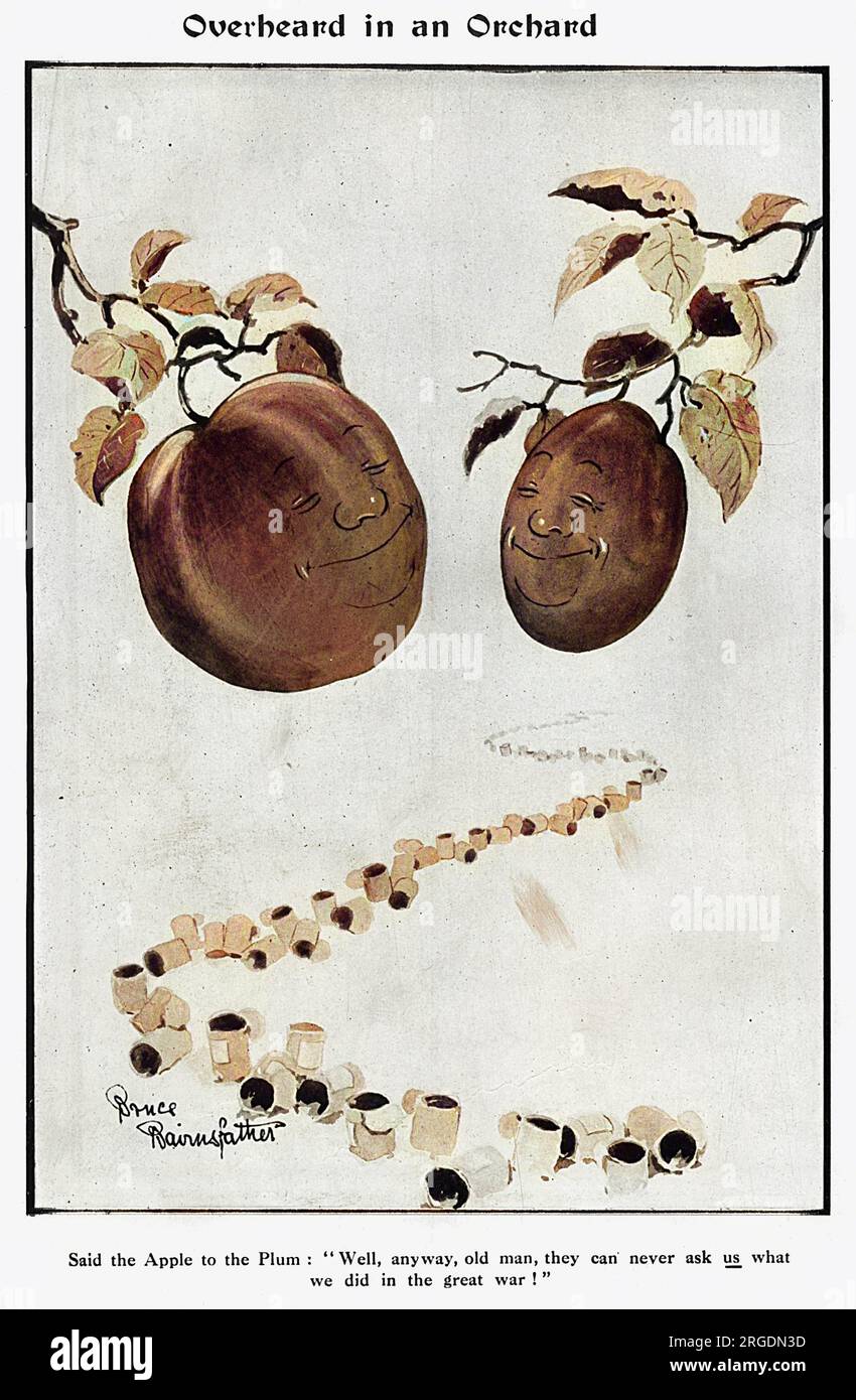 Ascoltata in un frutteto” disse la mela alla prugna: “Beh, vecchio mio, non possono mai chiederci cosa abbiamo fatto nella grande guerra!” Un cartone animato del capitano Bruce Bairnsfather in The Bystander Christmas Number, 1916 Foto Stock