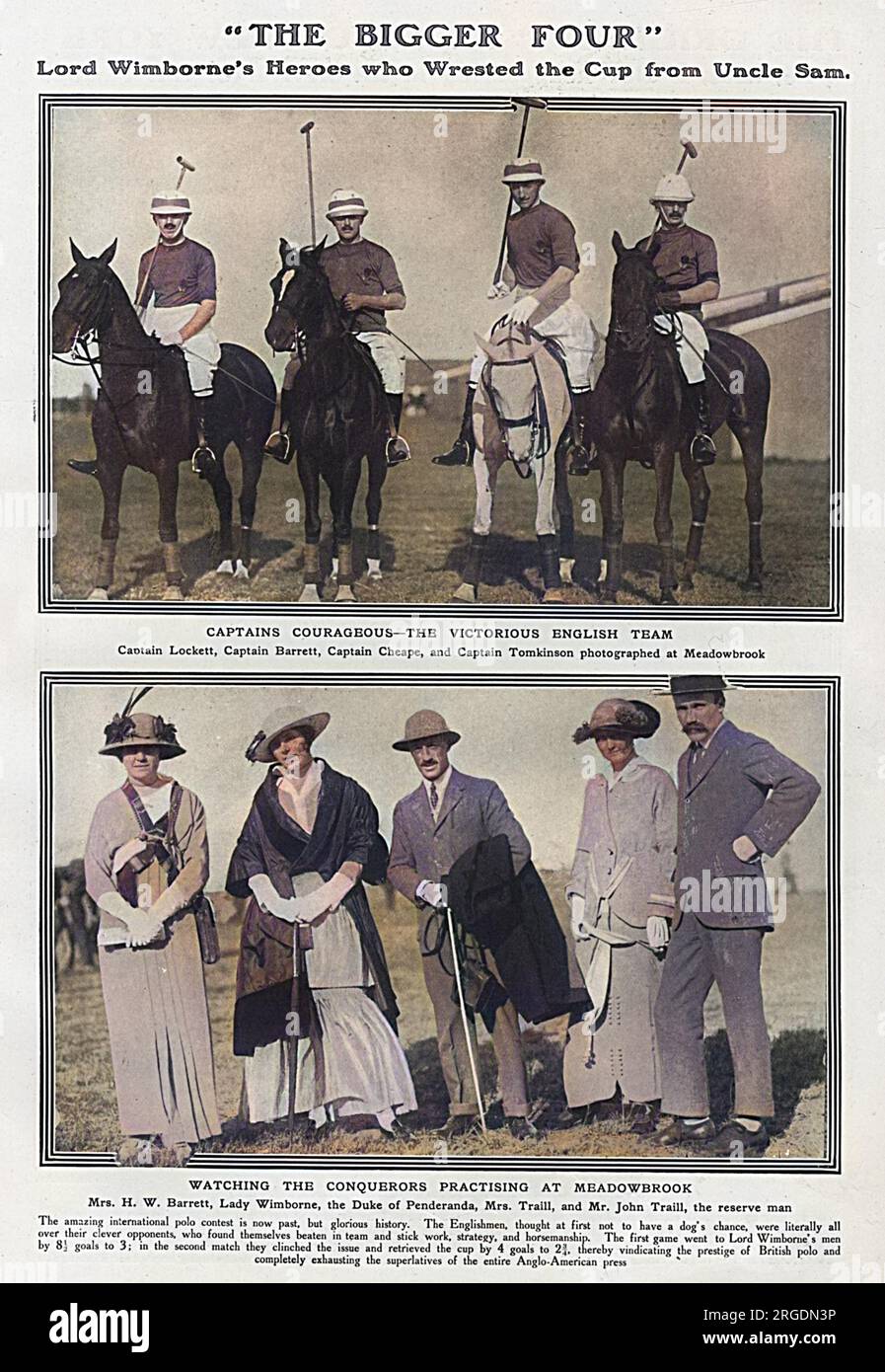 Pagina del Tatler che riporta la storica vittoria dell'Inghilterra contro l'America nell'International Polo Trophy (Westchester Cup) nel giugno 1914. L'England Team, descritto come i "Big Four" (uno skit contro l'American Team che ERANO conosciuti come i "Big Four"), sono, da sinistra, Capitan Lockett, Capitan Barrett, capitano Cheape e capitano Tomkinson. Sono raffigurati nella foto in alto come Meadowbank. La foto in basso mostra i sostenitori dell'Inghilterra, Mr H. W. Barrett, Lady Wimborne, il Duca di Penderanda, Mrs Traill e Mr John Traill, l'uomo di riserva. Foto Stock